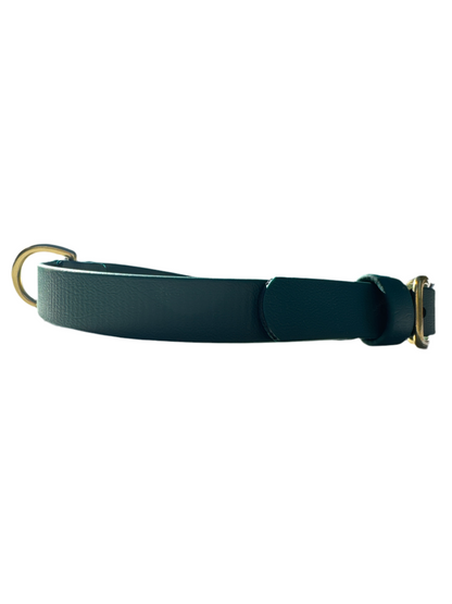 Side View of Green Laurel Dog Collar with Brass buckle by Layla Bay